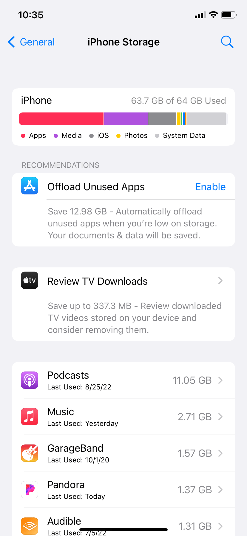 iPhone storage in settings