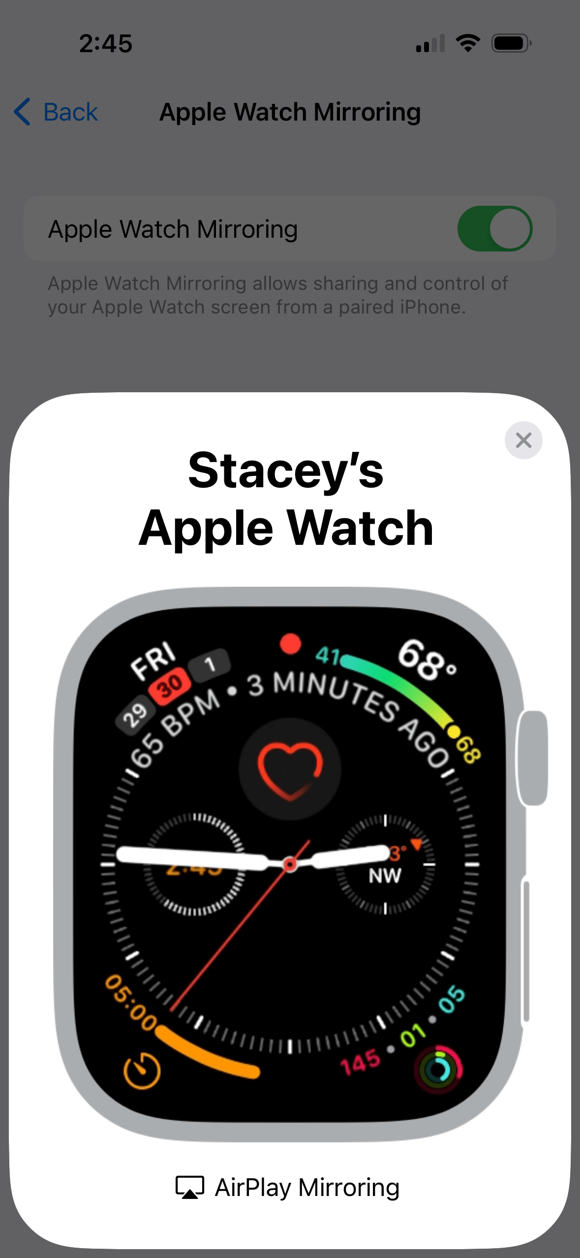 mirrored Apple Watch on iPhone