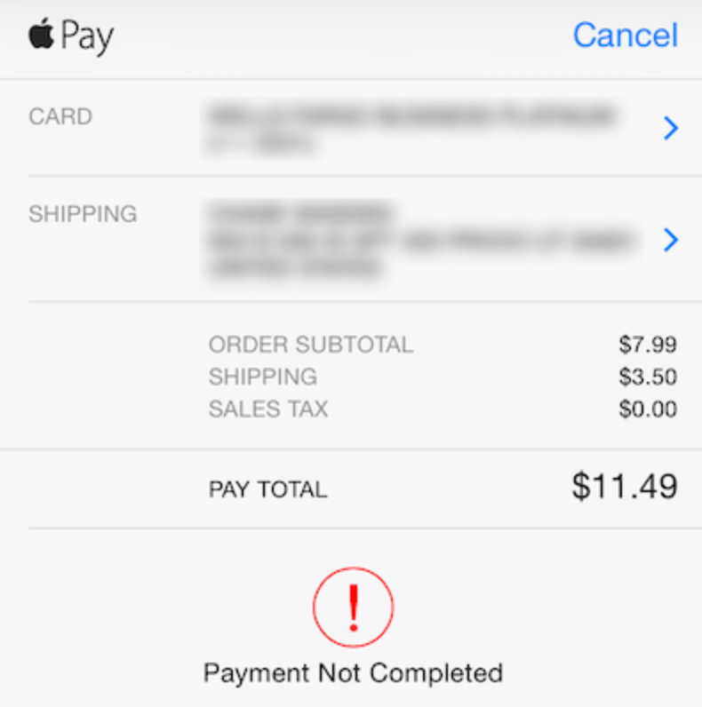 Payment Not Completed screen