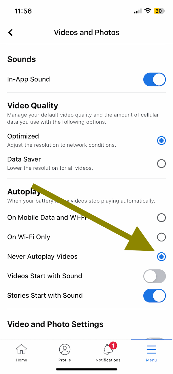 Facebook Never Autoplay Videos setting