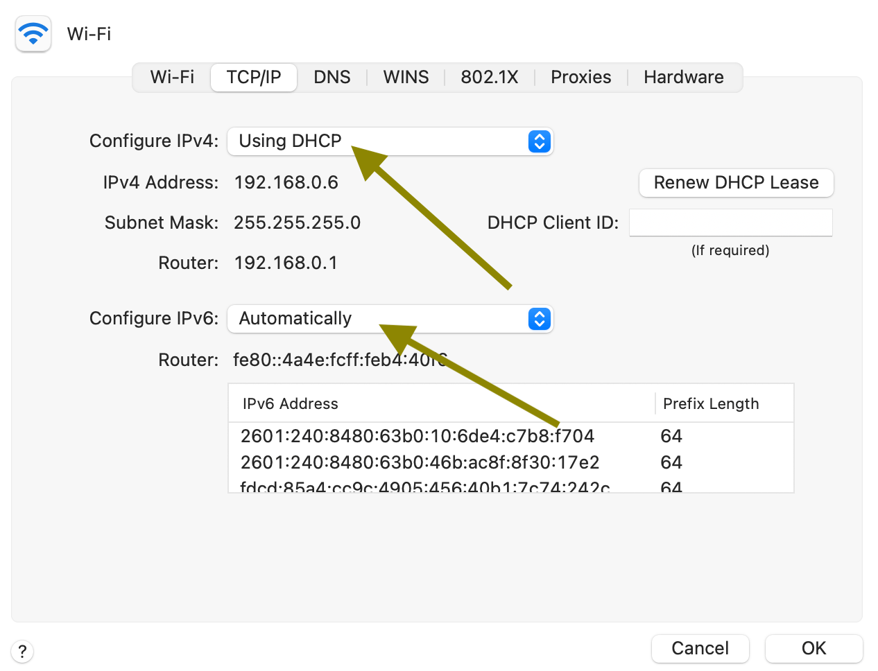 DHCP settings page