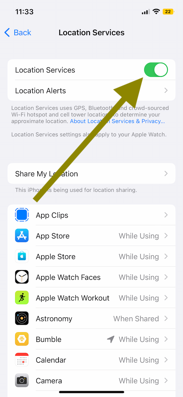 Location Services toggle