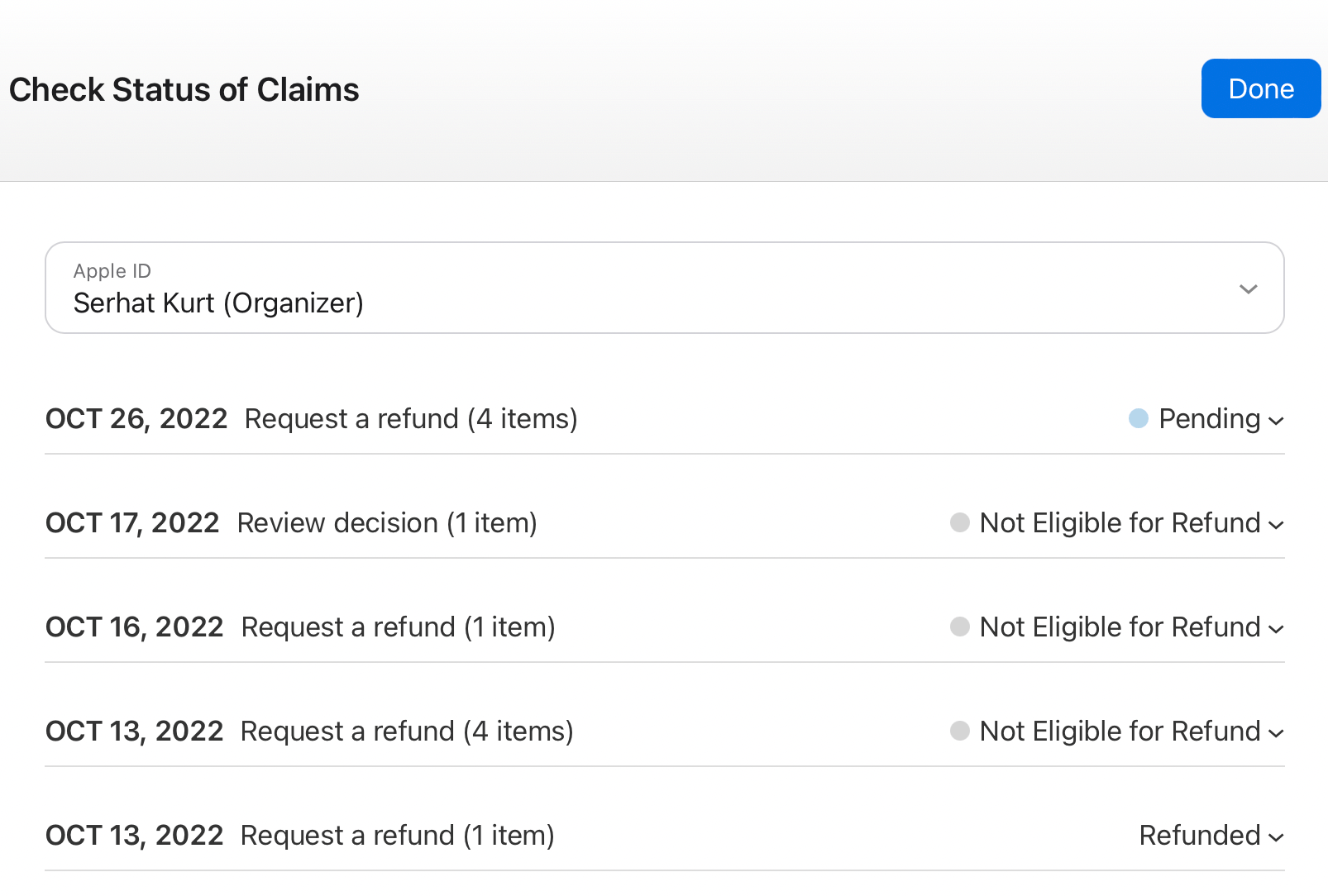 List of your claims page