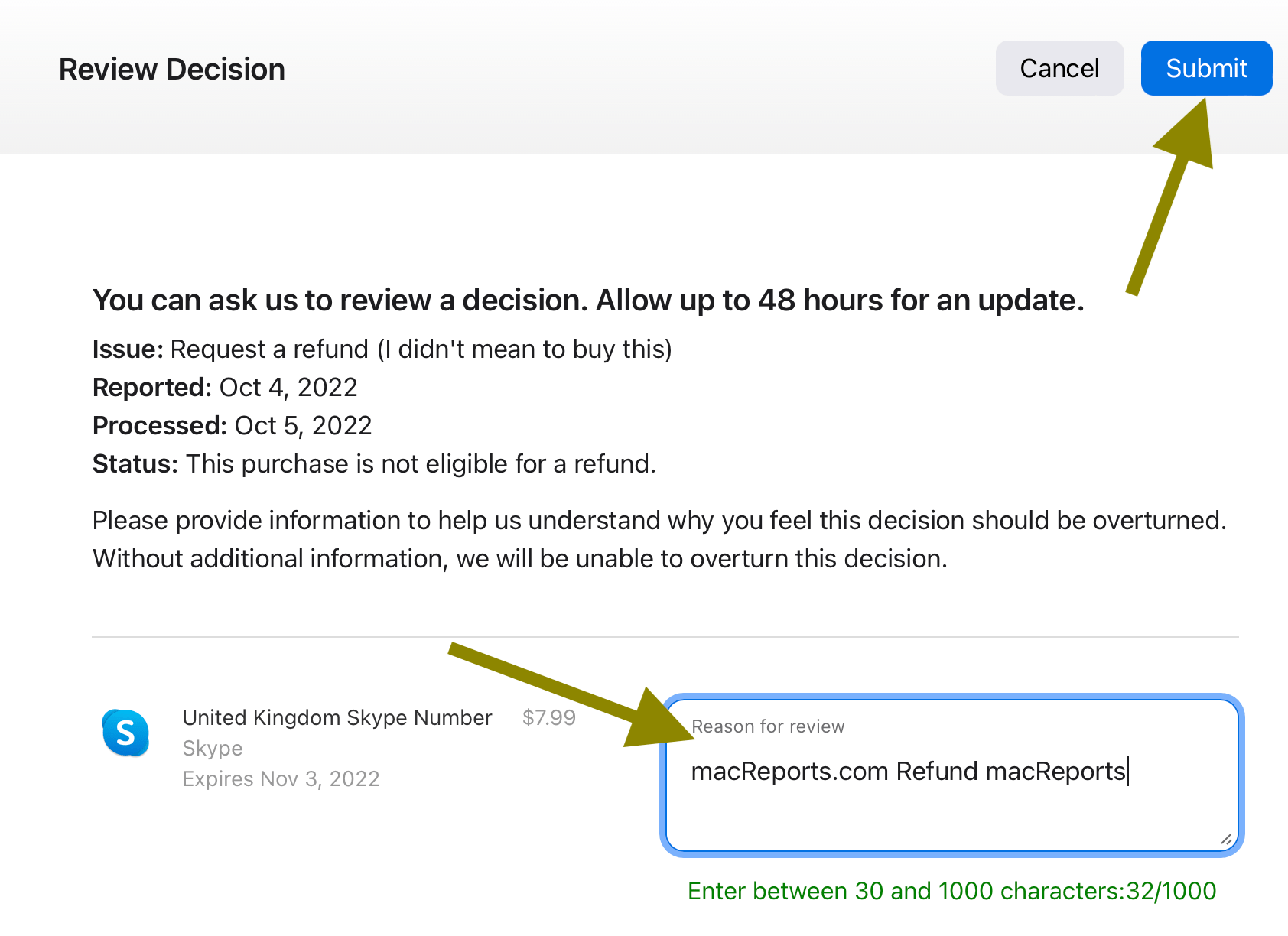 Submit an app refund appeal, submit button and form