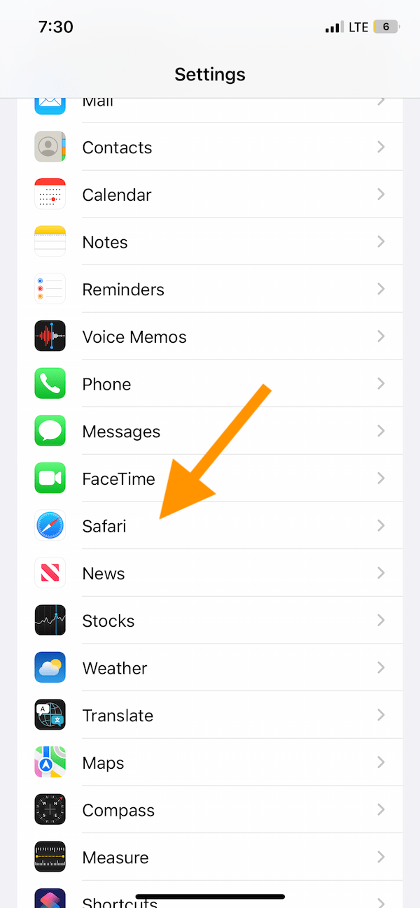 Safari settings screen