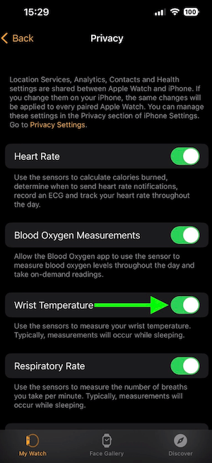 Wrist Temperature toggle 