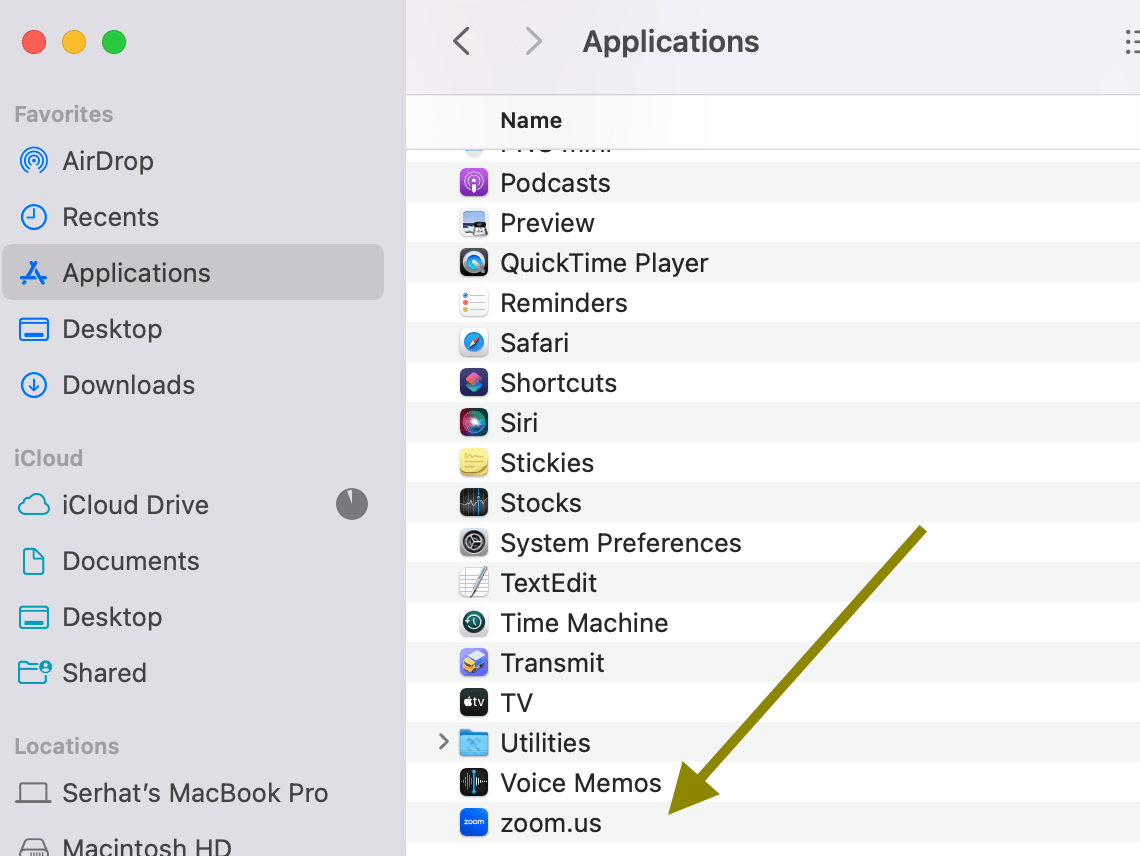 Zoom app in Applications 