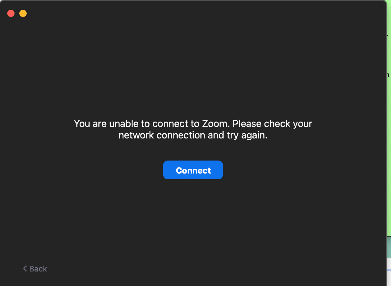 Zoom error message saying unable to connect 