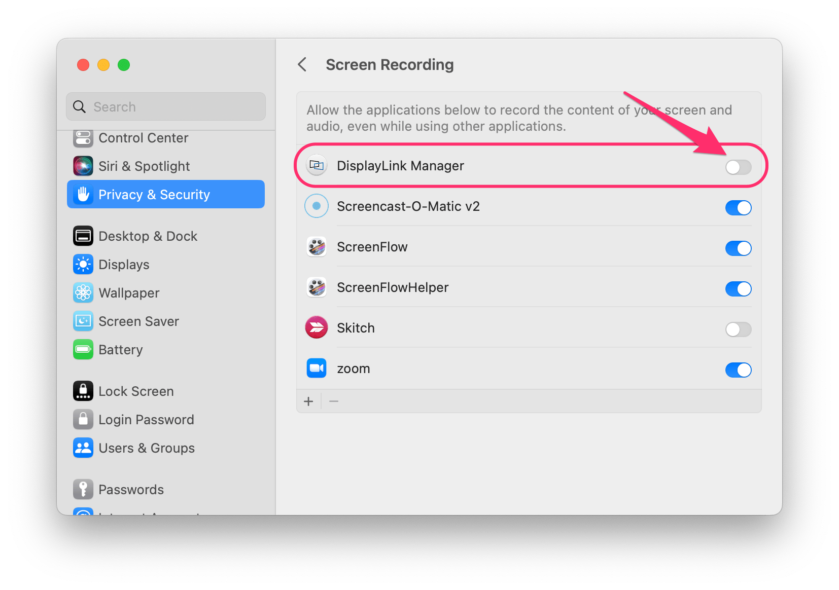 allow screen recording in settings