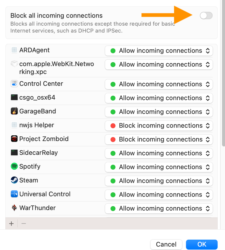 Block all incoming connections setting