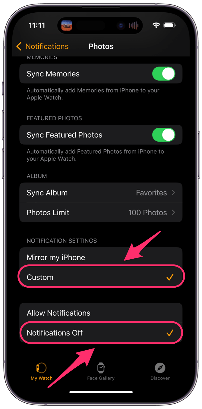 personalizar las notificaciones de Apple Watch para Fotos