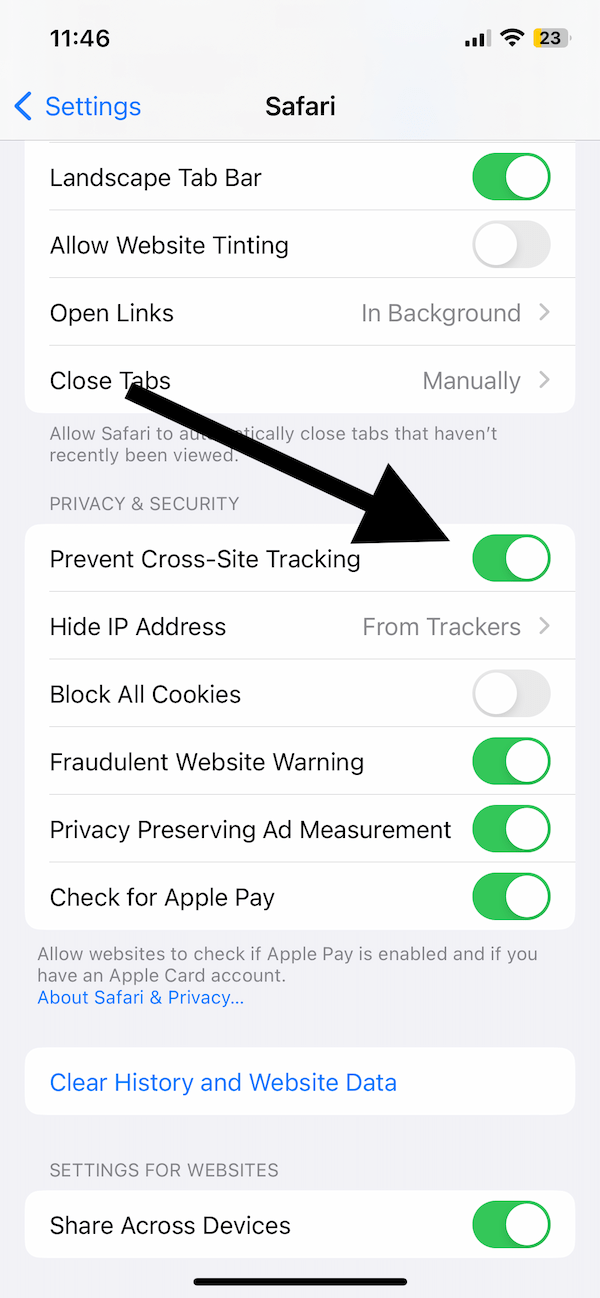 Opción de seguimiento de sitios cruzados de iPhone