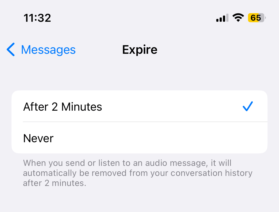 Messages setting: After 2 Minutes and Never