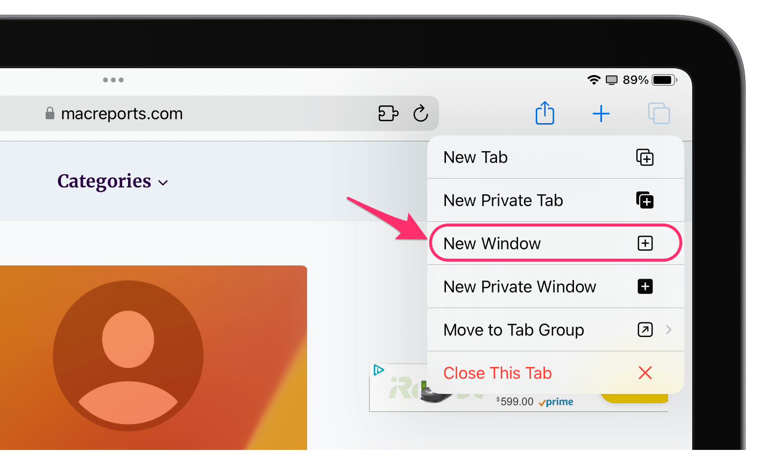 new window from tabs button