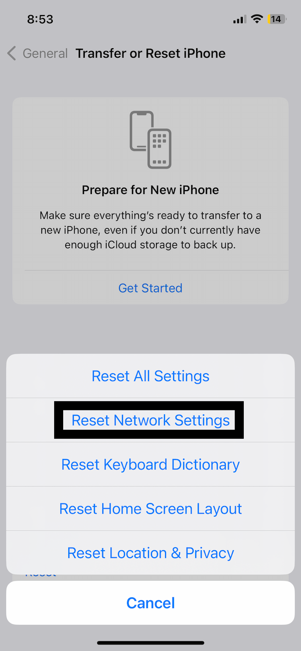 Reset Network Settings option screen