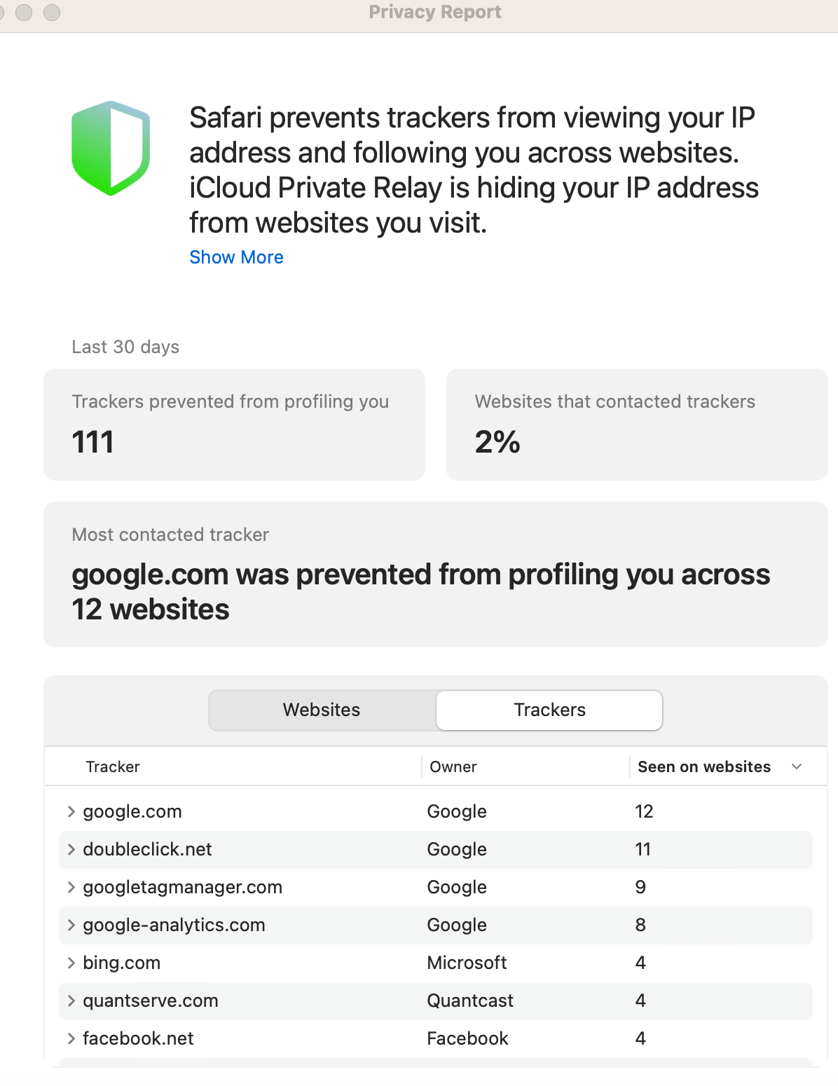 Safari Privacy Report