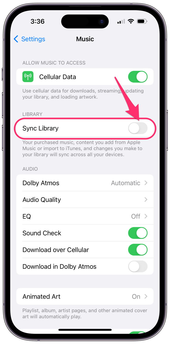 turn on sync library iPhone