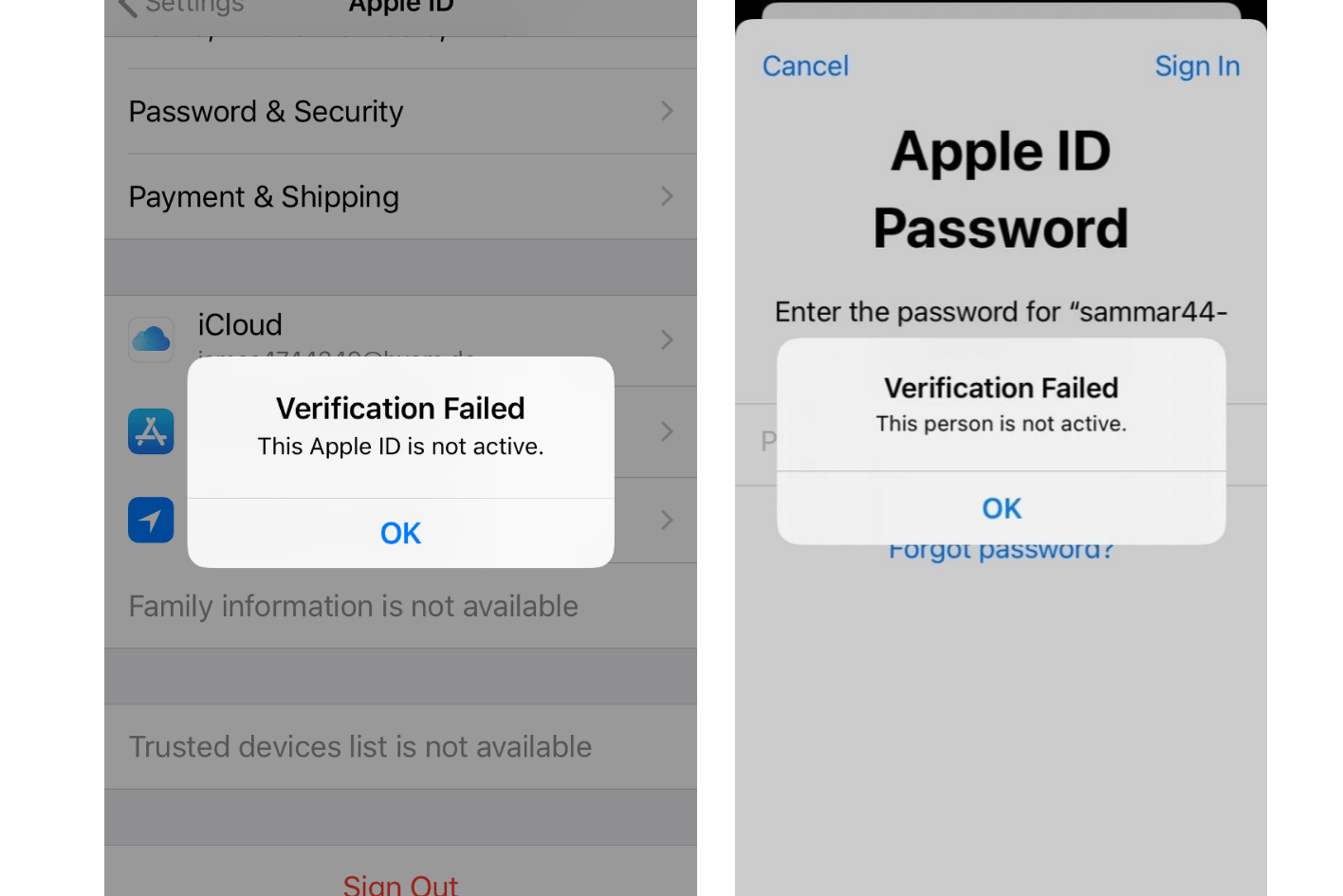 This Apple ID is not active error message screenshot