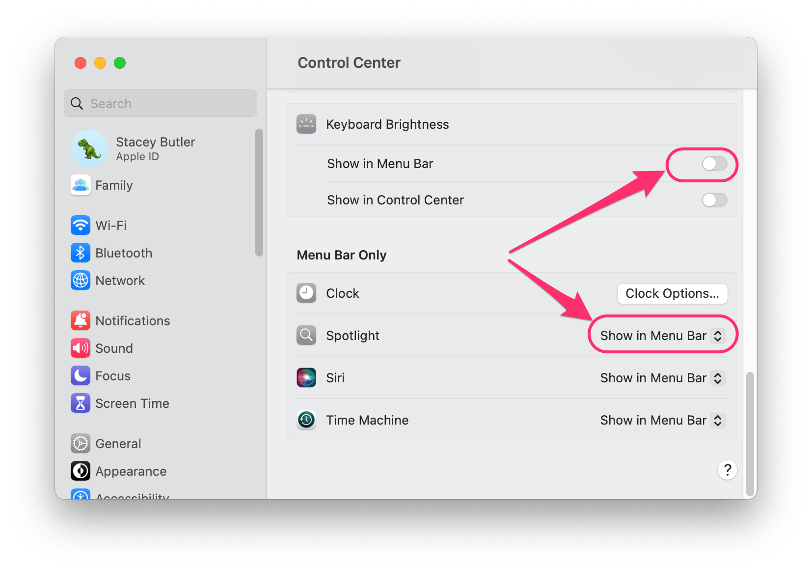 control center in system settings