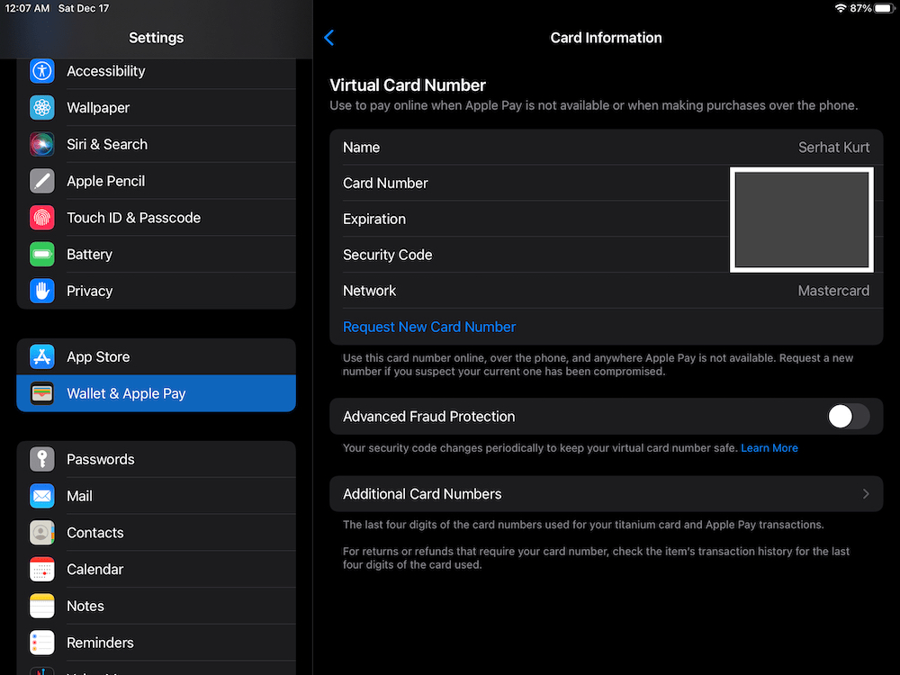 Virtual Card Number on iPad