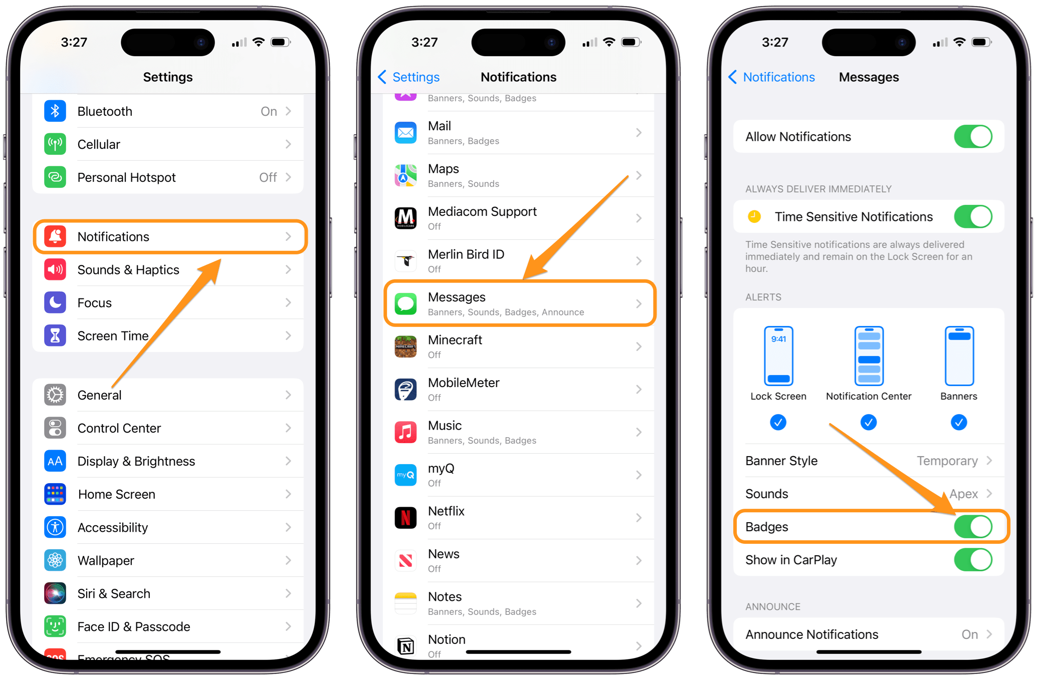 notifications for app in settings