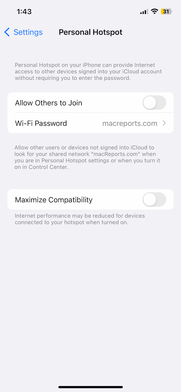 Personal Hotspot settings