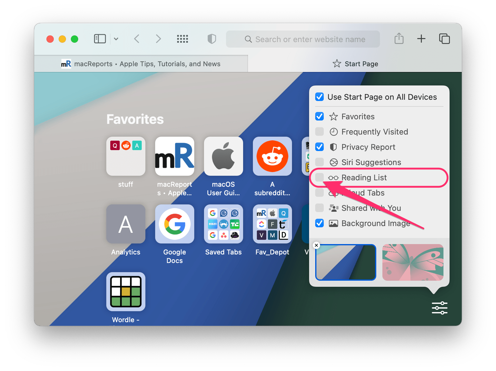 remove reading list from start page on Mac