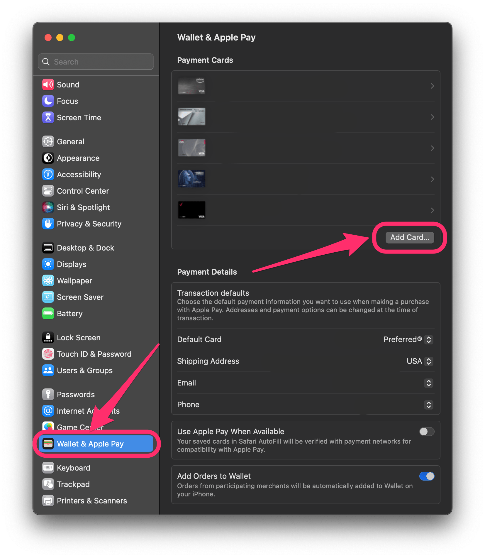 add card in wallet & Apple Pay on Mac