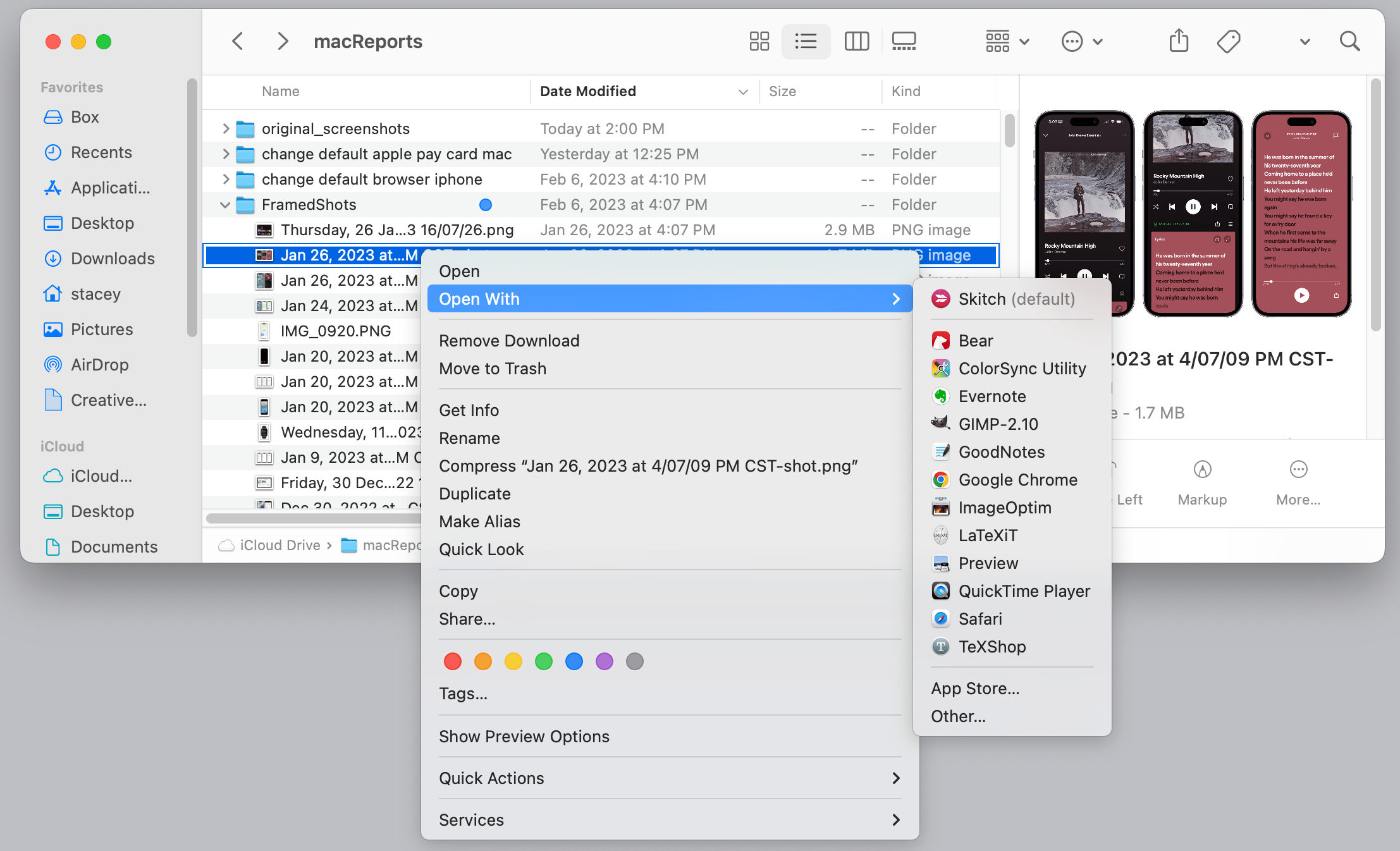 open with menu in Finder on Mac