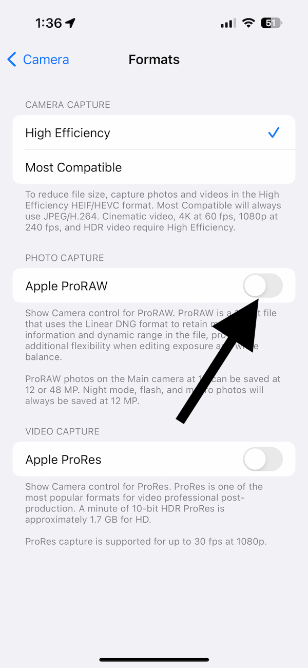 Apple ProRaw setting