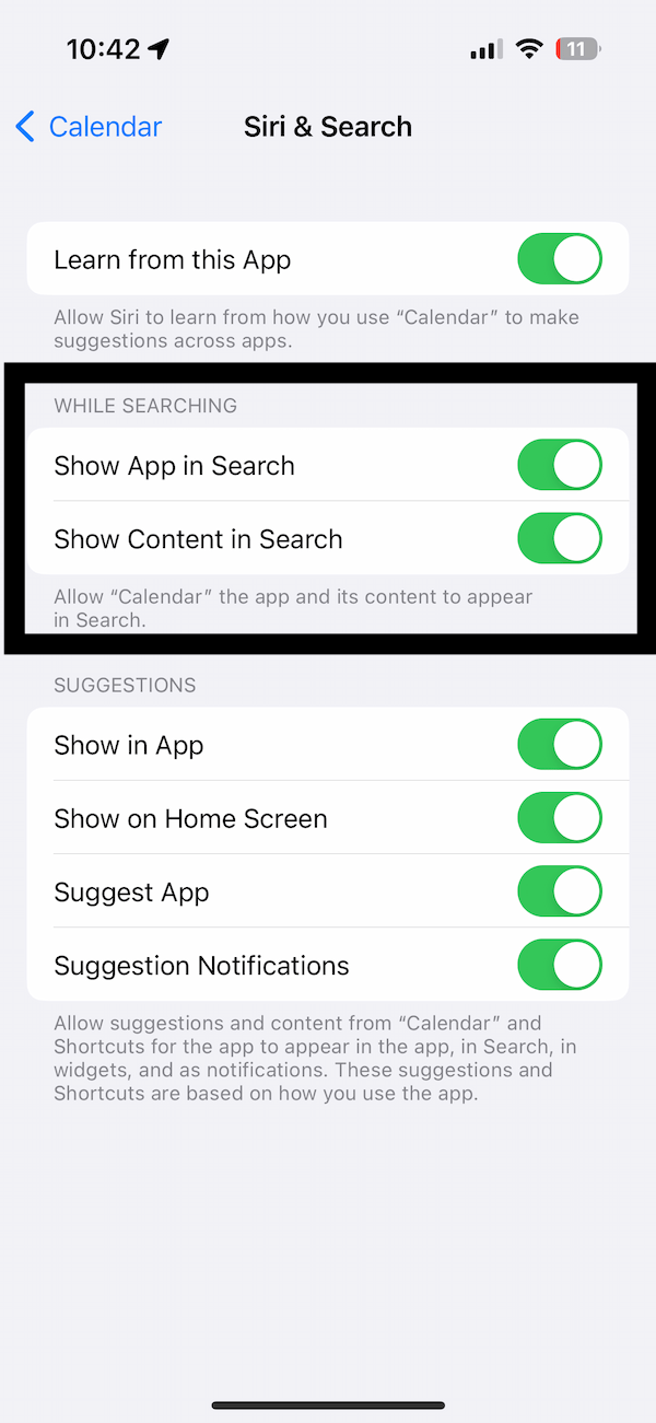 Calendar app Siri options