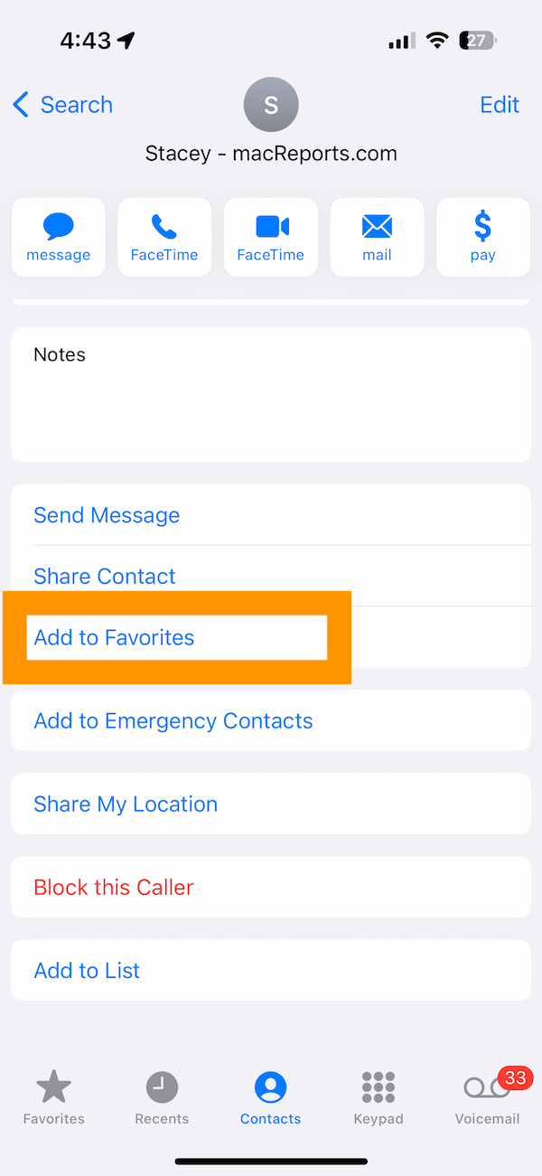 Add to Favorites button in the Phone app