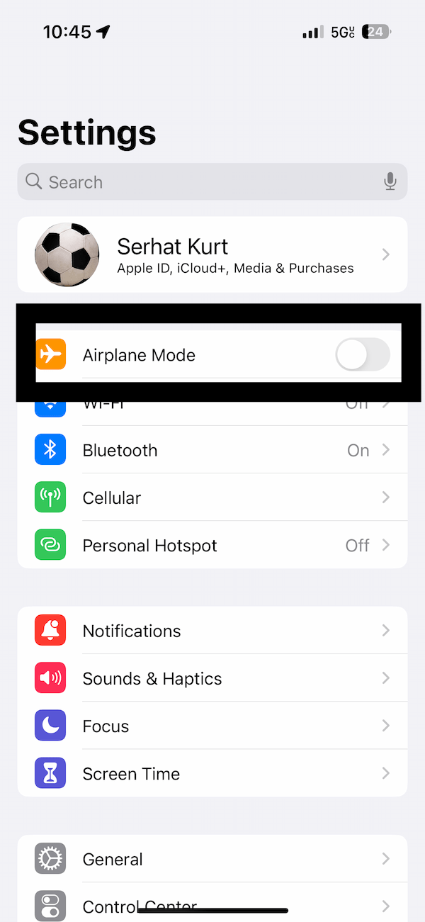 iPhone 14 showing the Airplane Mode settings