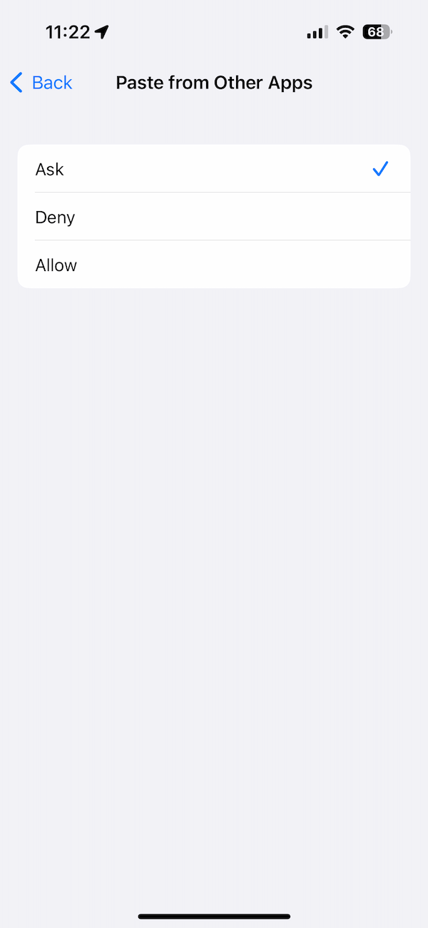 Paste from other apps settings: Ask Deny and Allow screenshot