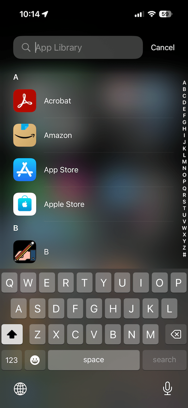 App Library alphabetical view