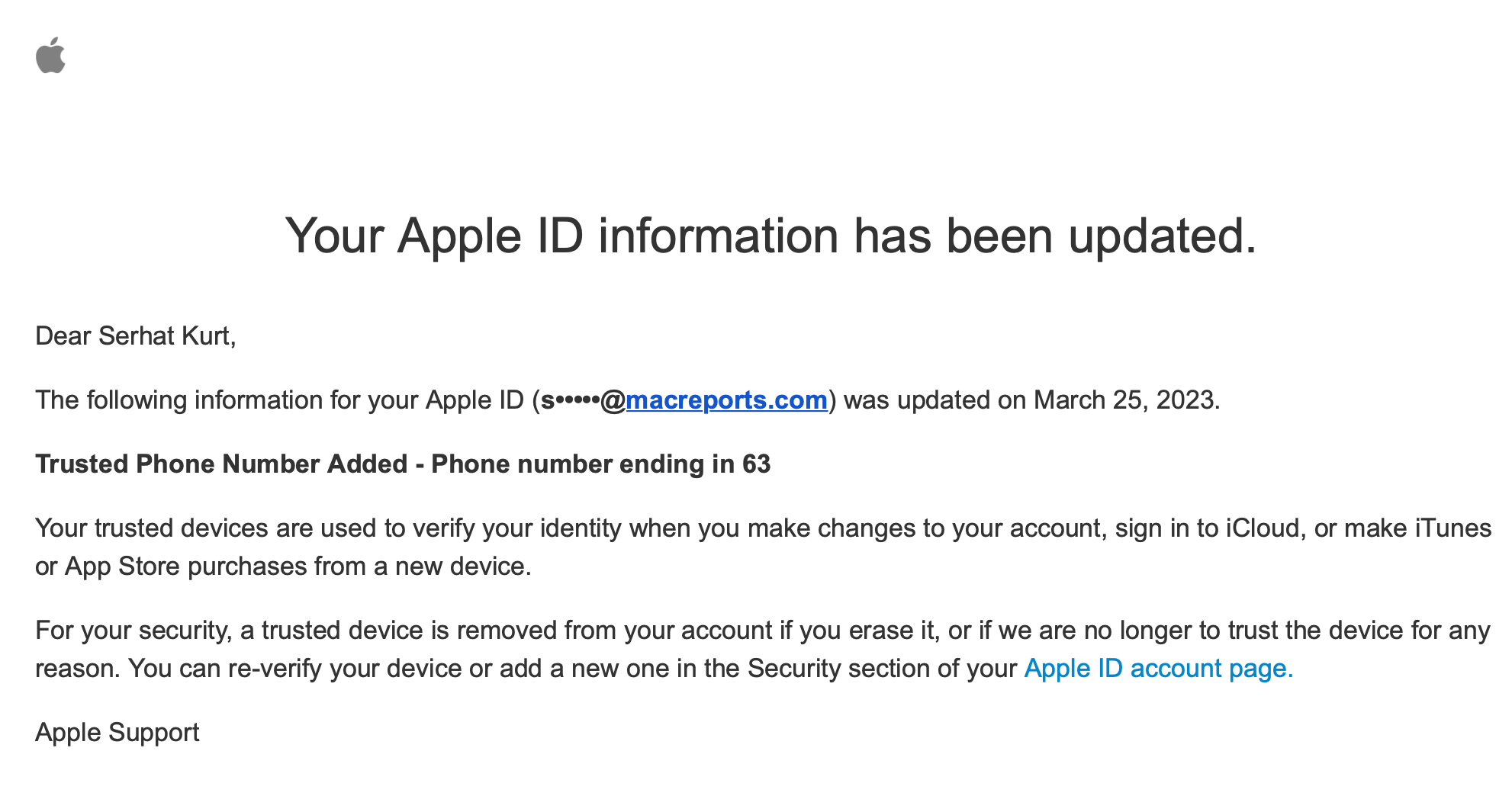Apple ID phone number update email screen indicating phone number is changed