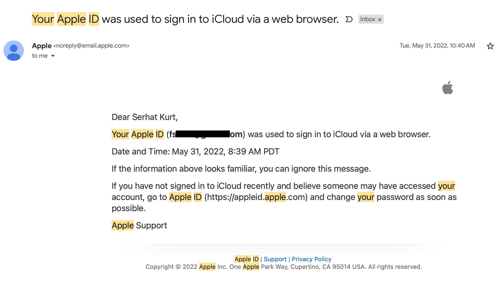 An Apple email showing the Apple ID