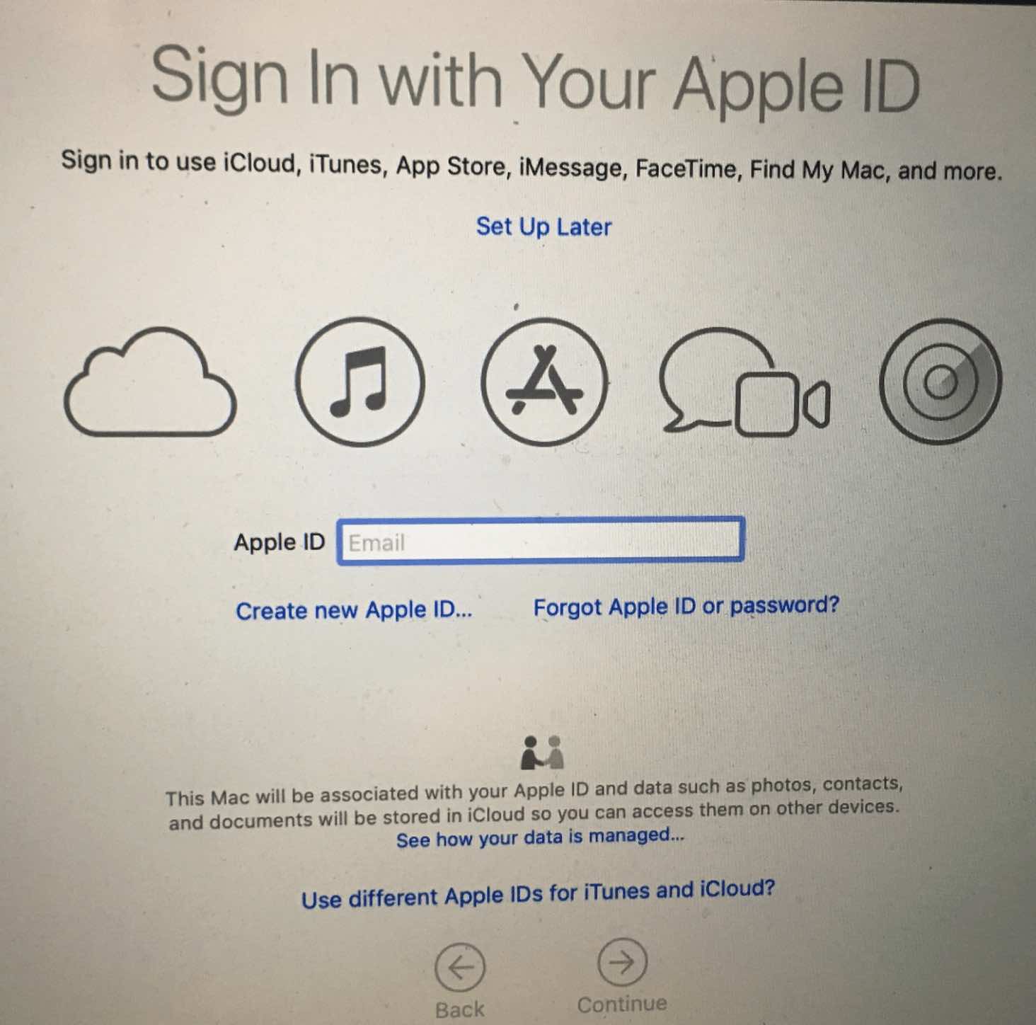 Apple ID screen during setup