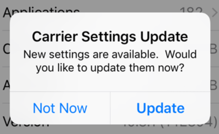 Carrier Settings Update popup