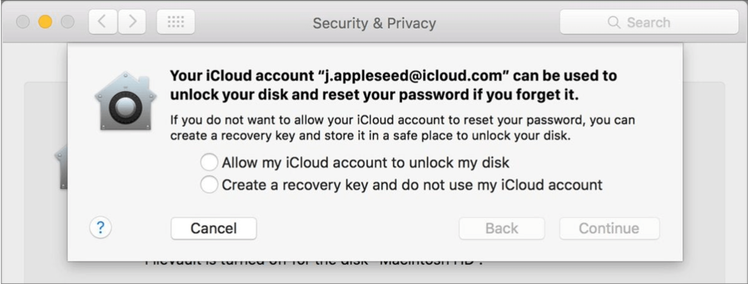 choose iCloud account or recovery to unlock your disk with FileVault