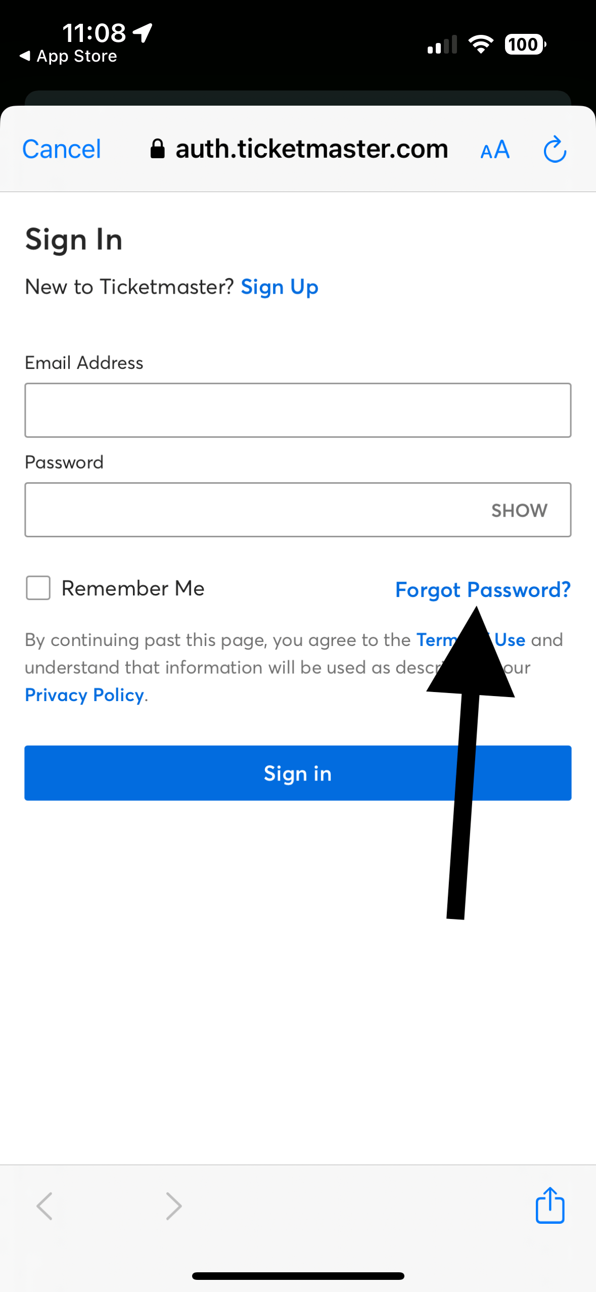 Forgot Password in Ticketmaster