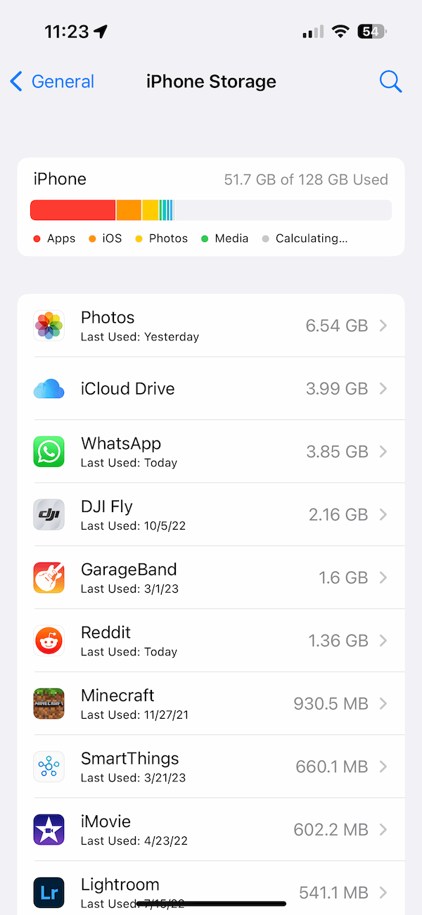 iPhone Storage screen in Settings