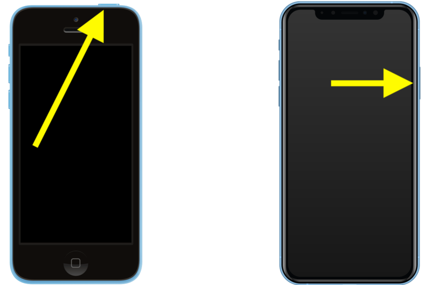 Photos of iPhones showing top and side buttons