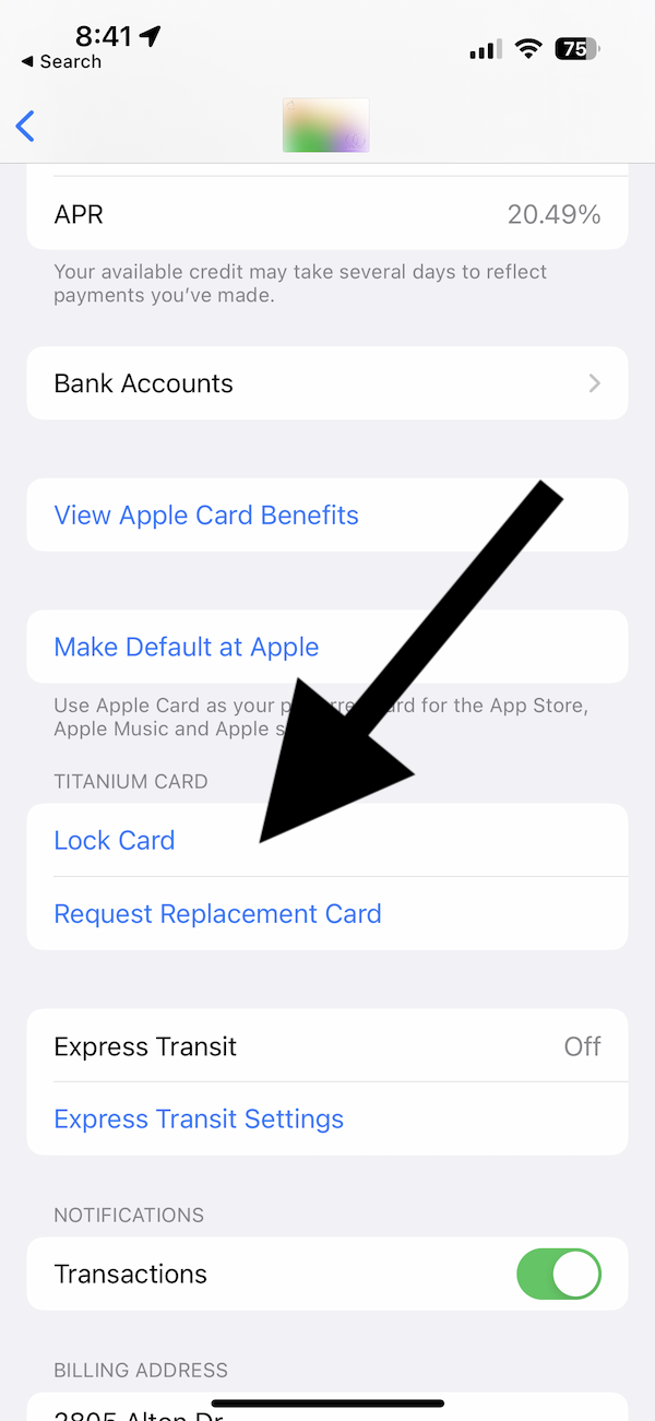 Lock Card option in Wallet