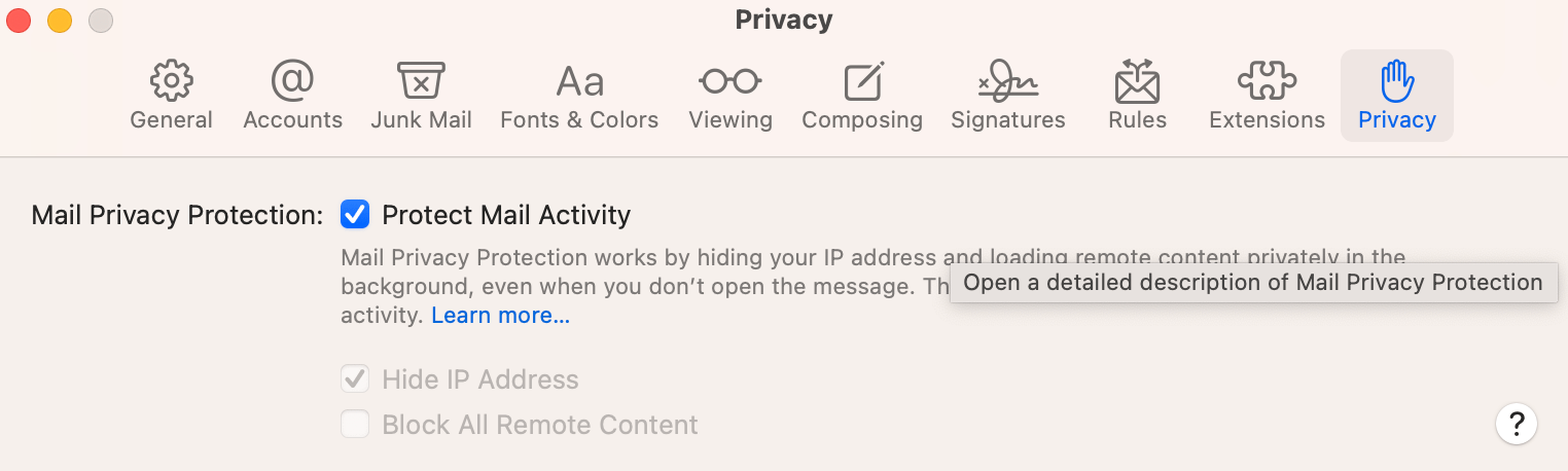 Mail privacy settings