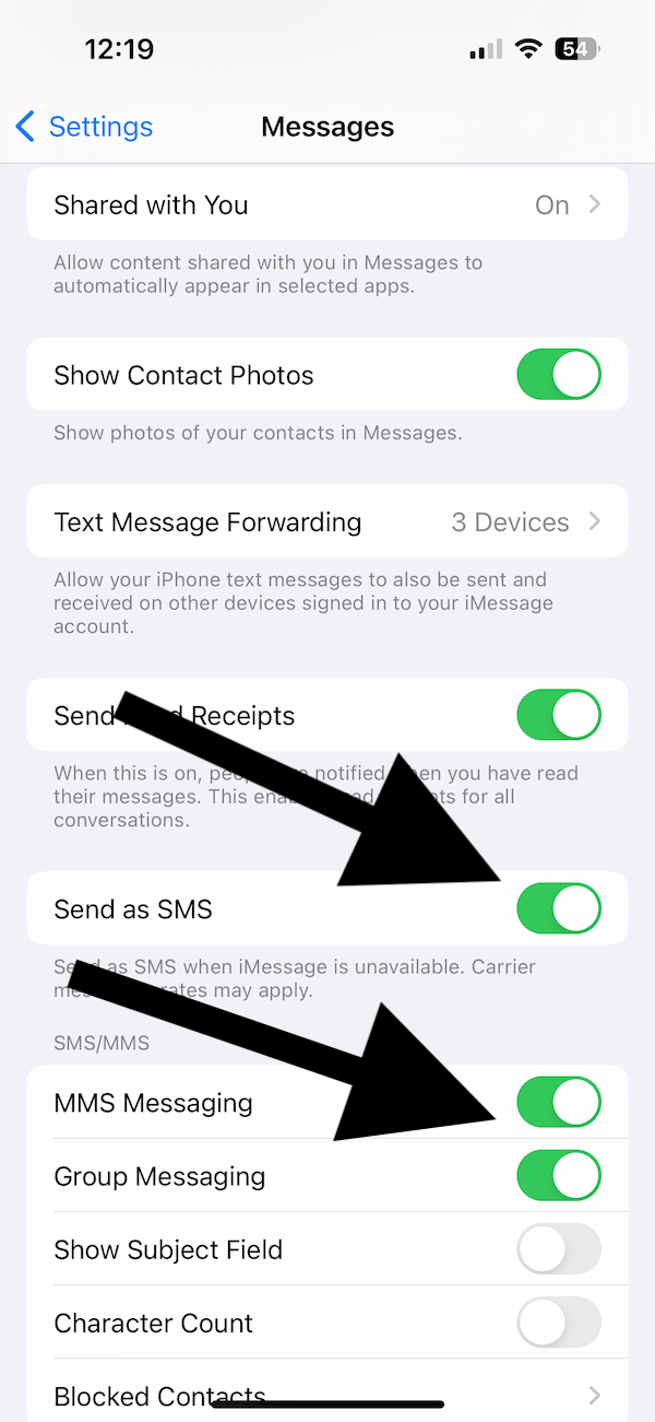 iPhone Message settings screen