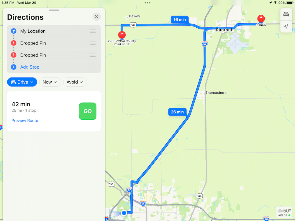 Apple Maps showing multiple points distance