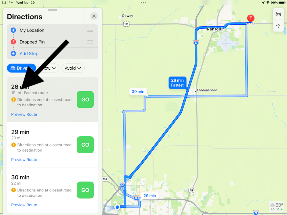 Map screen showing different routes and distances