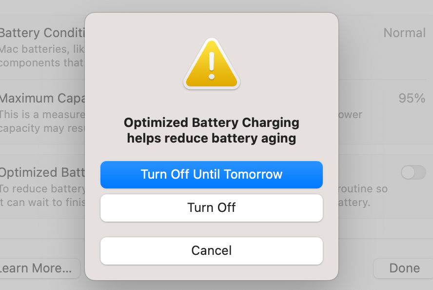 Turn off Optimized Battery Charging