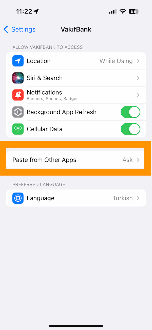 An app's "paste from other apps" button screenshot